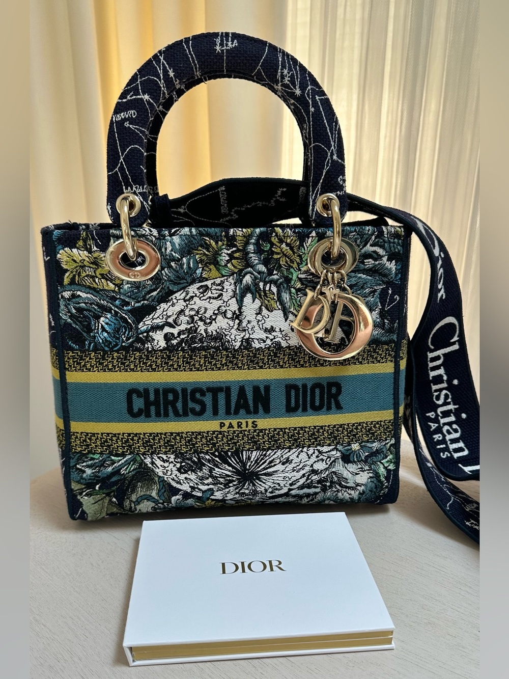 Christian Dior Medium Lady D-Lite Zodiac Embroidery Bag Blue Excellent Condition